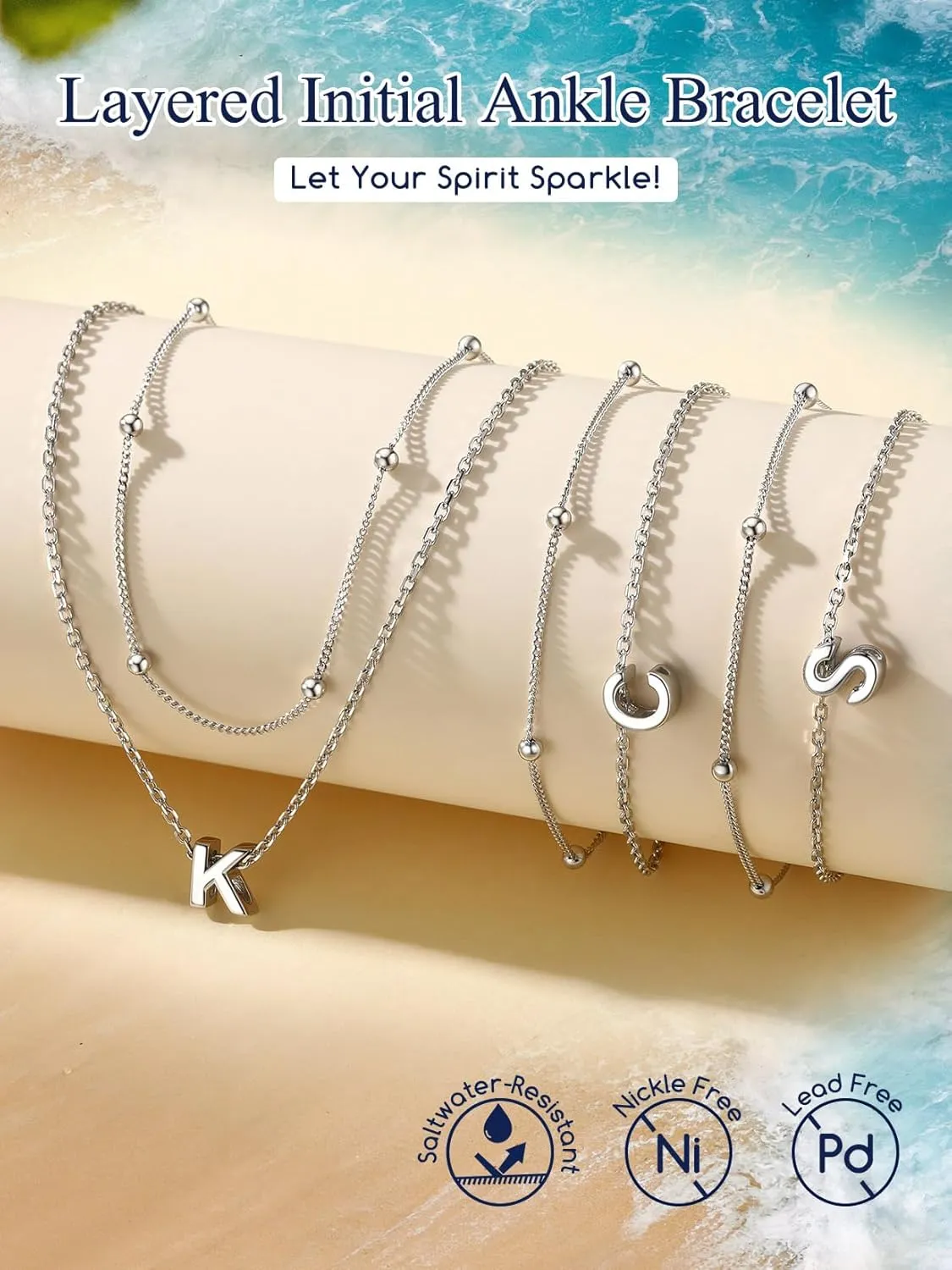 Suplight Sterling Silver Ankle Bracelets for Women Layered Dainty Initial Anklets Foot Chain Beaded Plus Size Anklets for Women Beach Waterproof Jewelry 8.7" 2"