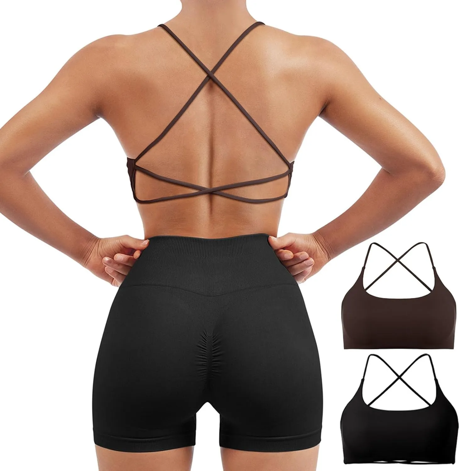 SUUKSESS Women 2 Piece Open Back Sports Bra Pack Strappy Workout Gym Yoga Crops