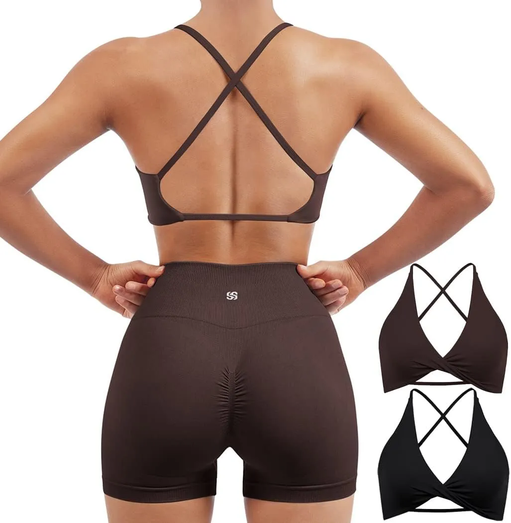 SUUKSESS Women 2 Piece Open Back Strappy Sports Bra Pack Twist V Neck Workout Crops