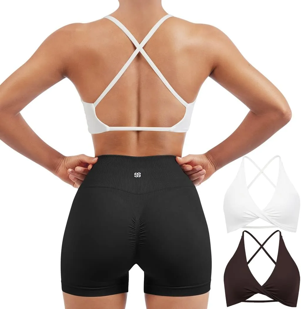 SUUKSESS Women 2 Piece Open Back Strappy Sports Bra Pack Twist V Neck Workout Crops