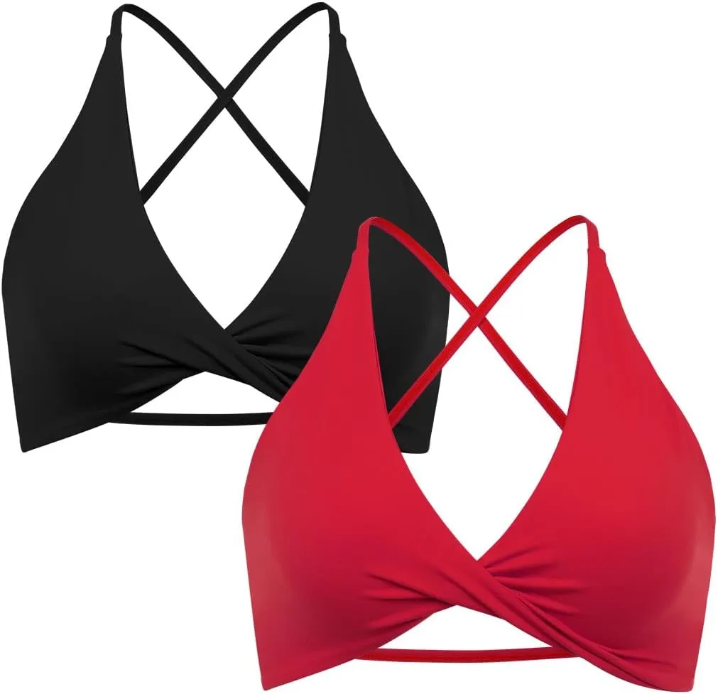 SUUKSESS Women 2 Piece Open Back Strappy Sports Bra Pack Twist V Neck Workout Crops