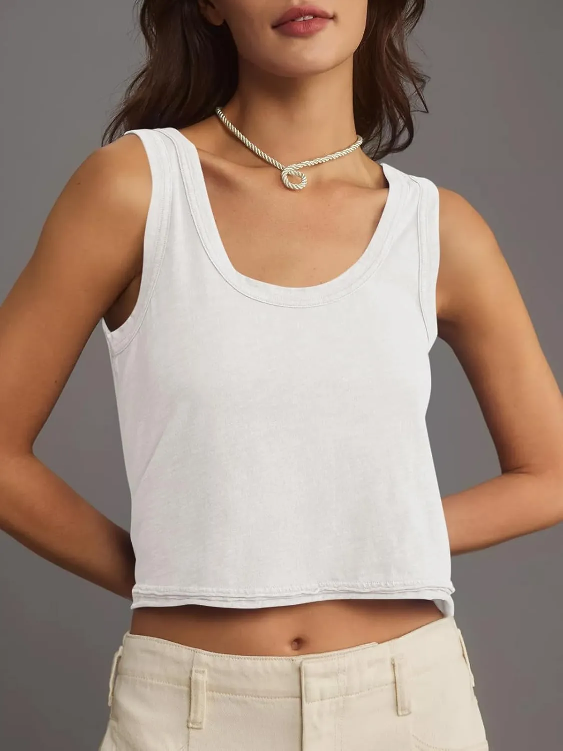 Tankaneo Womens Scoop Neck Cropped Tank Tops Summer Casual Cotton Workout Sleeveless Shirts Loose Fit Basic Tees