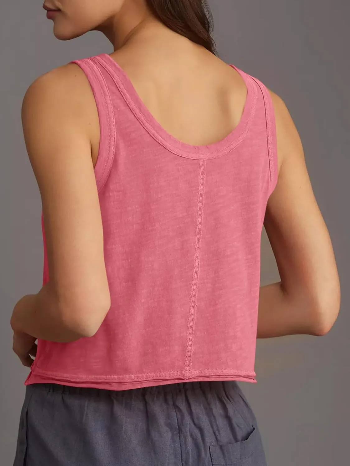 Tankaneo Womens Scoop Neck Cropped Tank Tops Summer Casual Cotton Workout Sleeveless Shirts Loose Fit Basic Tees