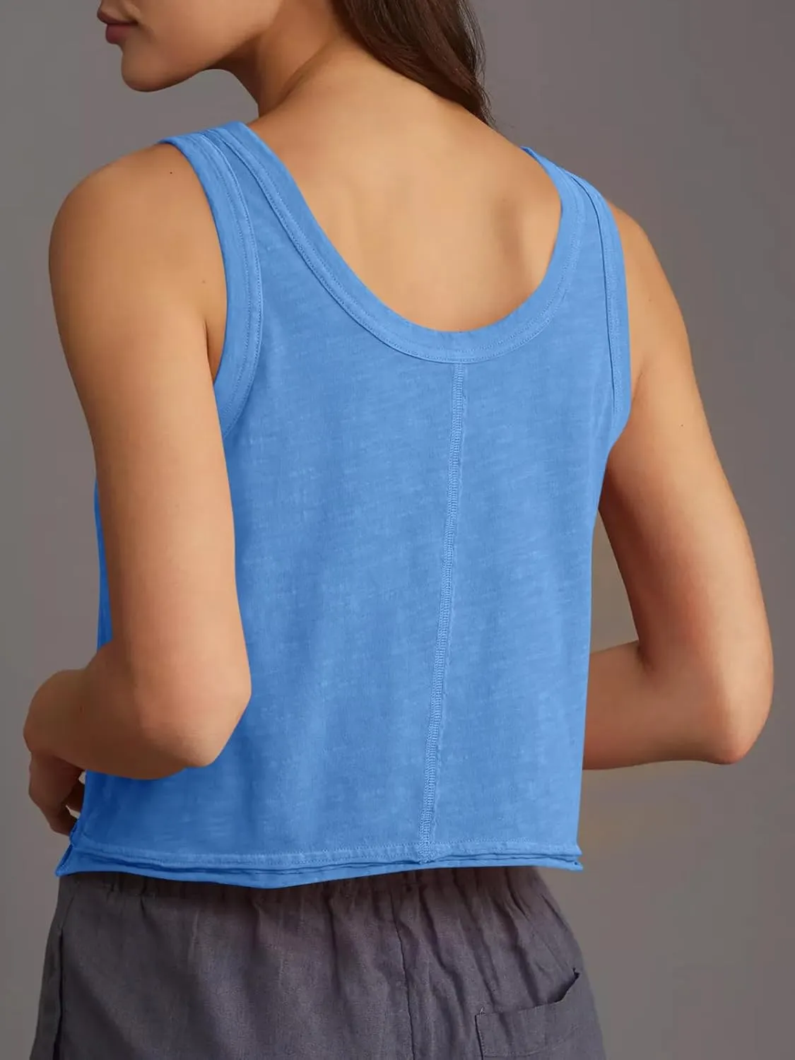 Tankaneo Womens Scoop Neck Cropped Tank Tops Summer Casual Cotton Workout Sleeveless Shirts Loose Fit Basic Tees