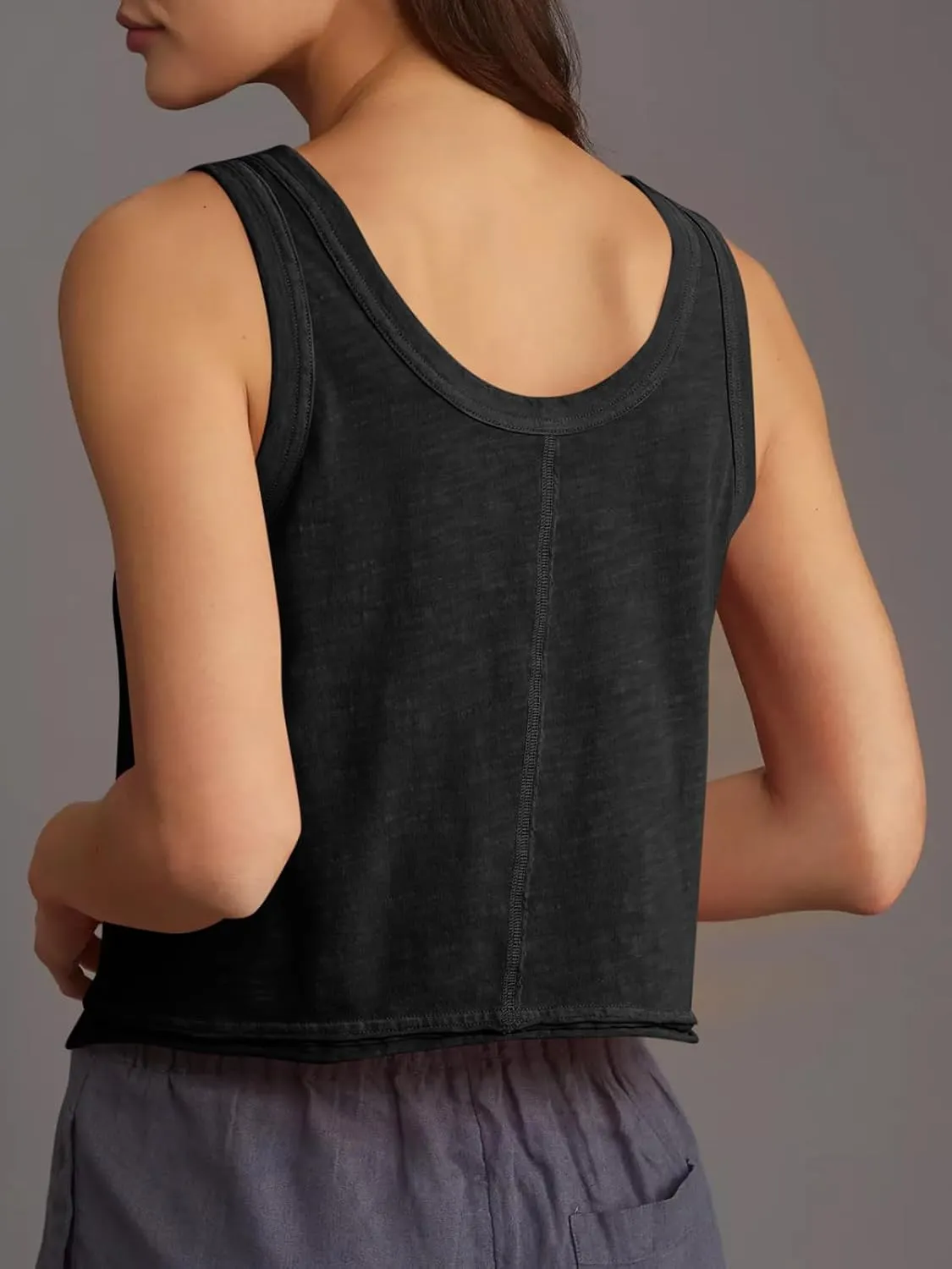 Tankaneo Womens Scoop Neck Cropped Tank Tops Summer Casual Cotton Workout Sleeveless Shirts Loose Fit Basic Tees