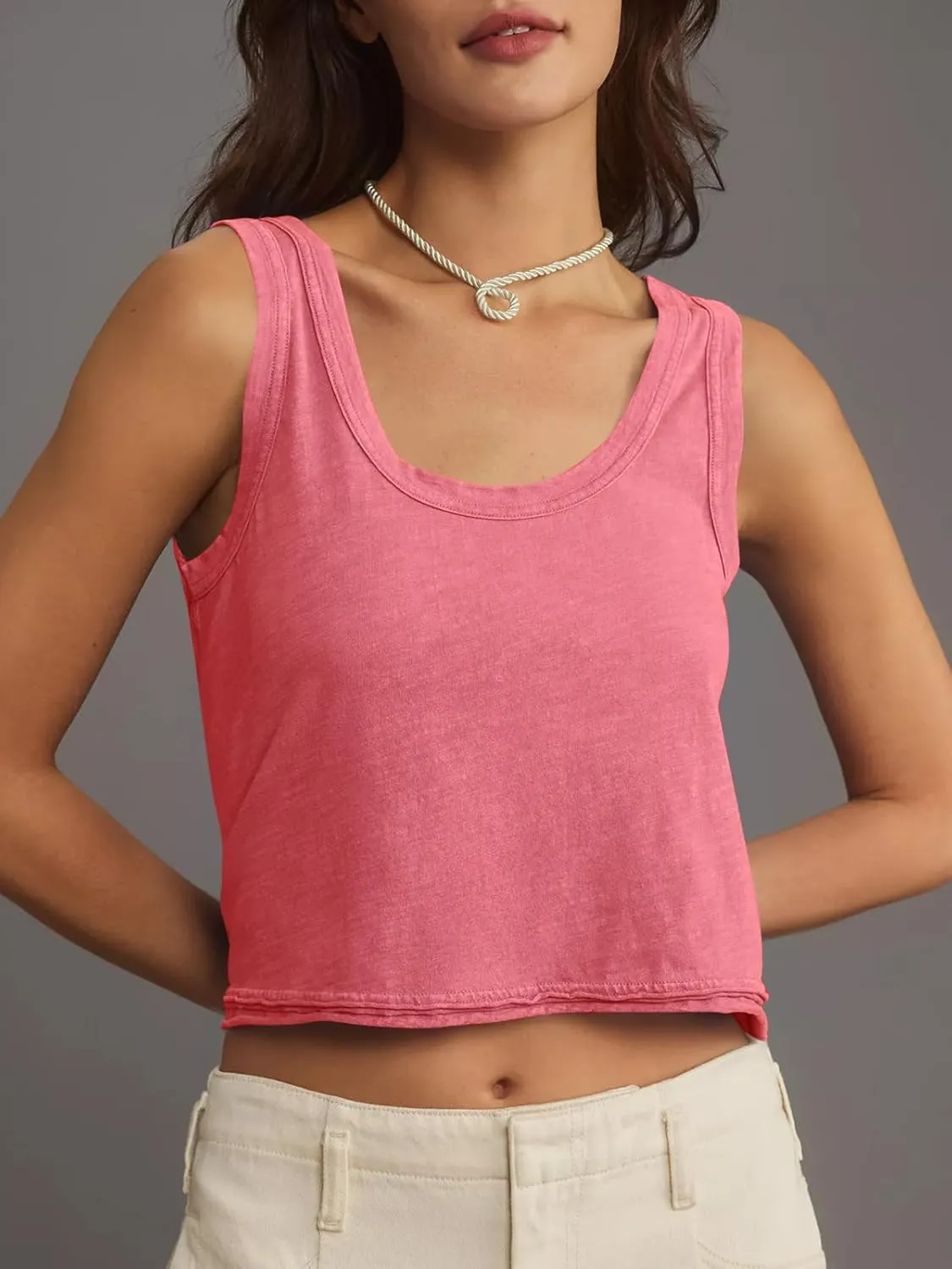 Tankaneo Womens Scoop Neck Cropped Tank Tops Summer Casual Cotton Workout Sleeveless Shirts Loose Fit Basic Tees