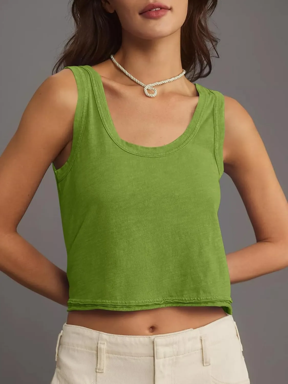 Tankaneo Womens Scoop Neck Cropped Tank Tops Summer Casual Cotton Workout Sleeveless Shirts Loose Fit Basic Tees