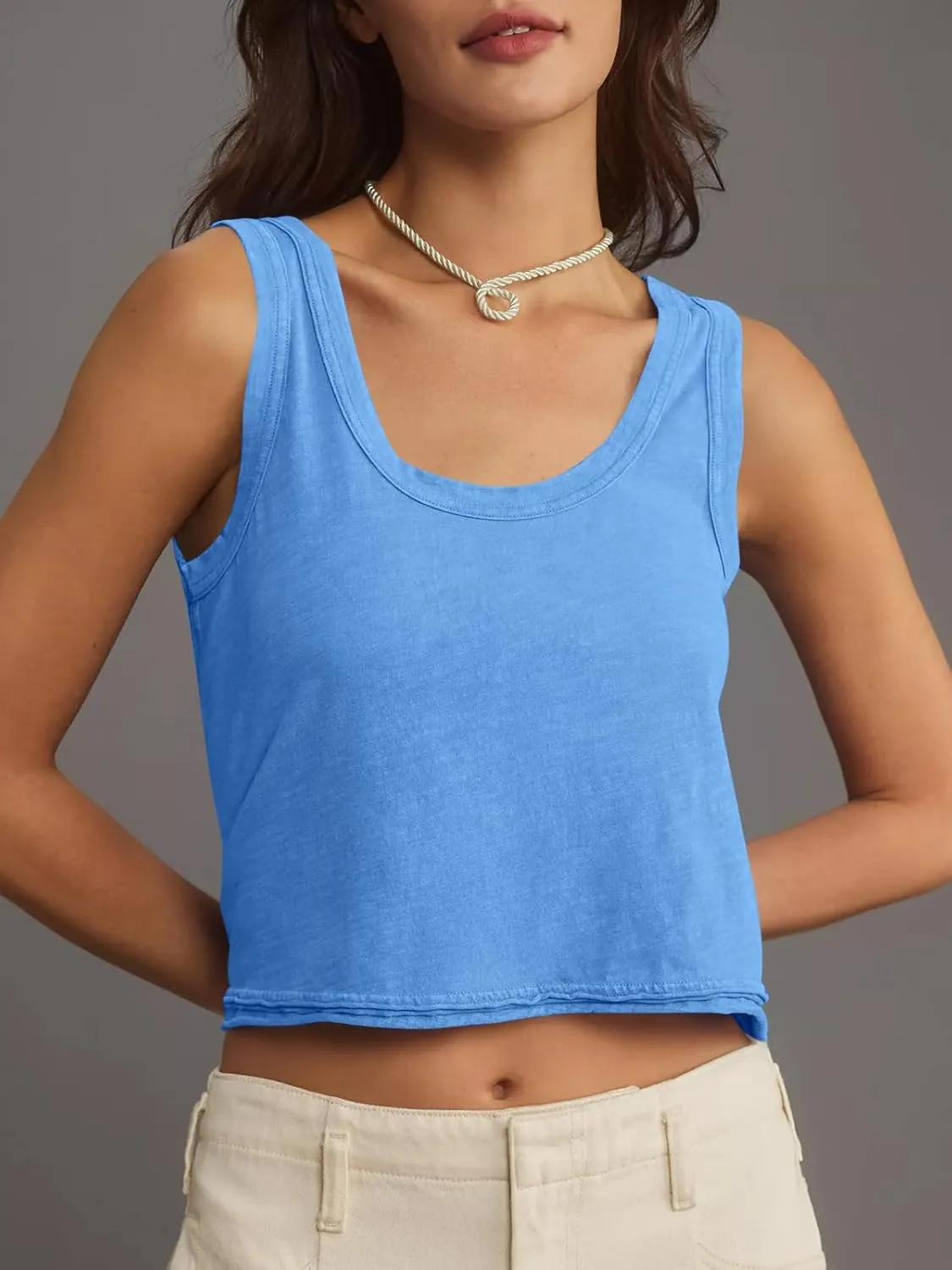 Tankaneo Womens Scoop Neck Cropped Tank Tops Summer Casual Cotton Workout Sleeveless Shirts Loose Fit Basic Tees