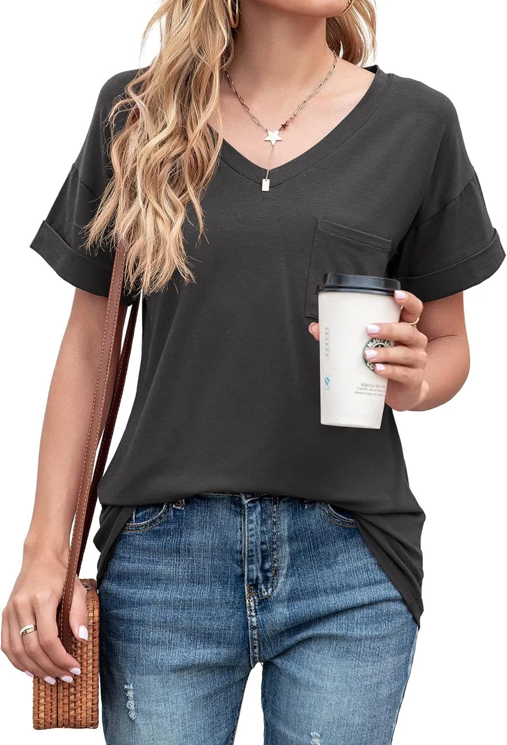 TASAMO Women's Short Sleeve V-Neck Shirts Loose Casual Tee T-Shirt Basic Tops