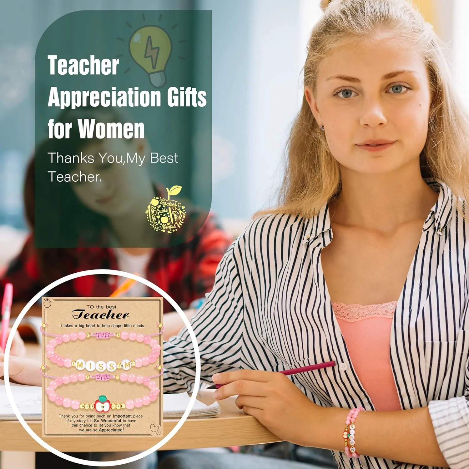 Teacher Appreciation Bracelet Gifts for Women Initial Beaded Bracelets Back to School Thank You Teacher Gifts 2pcs Link Bracelet New Teacher Graduation Gift Birthday Retirement Teachers' Day Jewelry