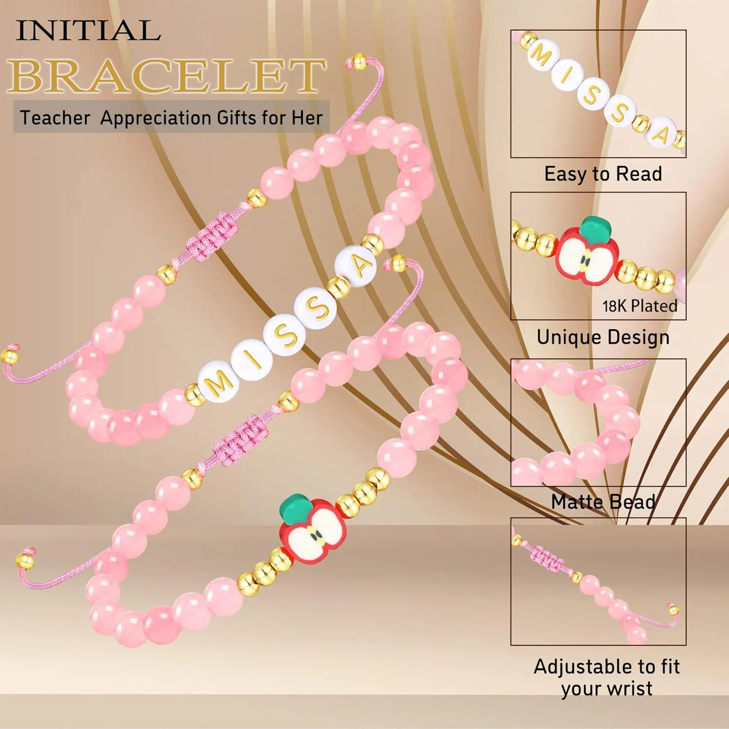 Teacher Appreciation Bracelet Gifts for Women Initial Beaded Bracelets Back to School Thank You Teacher Gifts 2pcs Link Bracelet New Teacher Graduation Gift Birthday Retirement Teachers' Day Jewelry