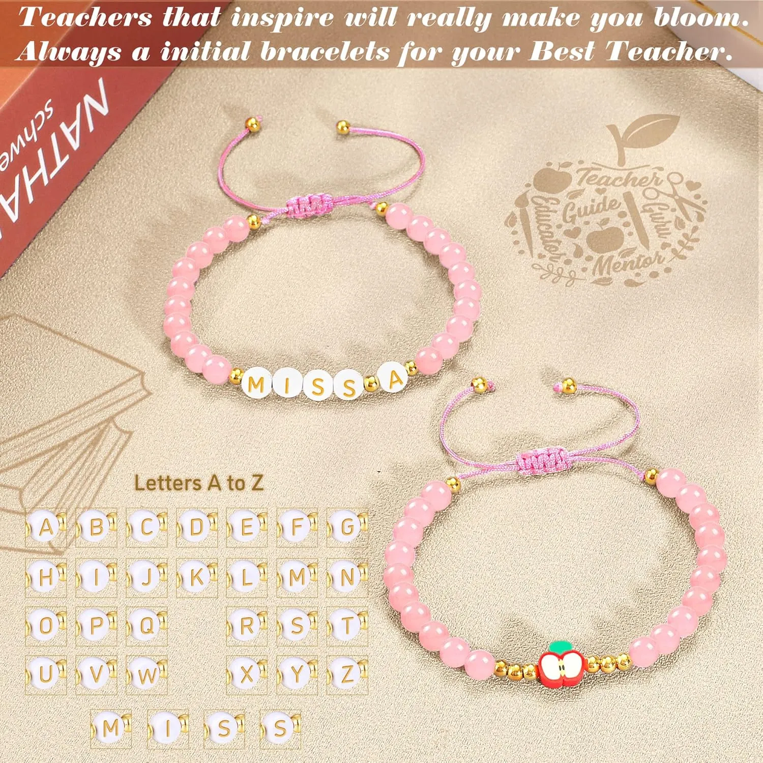 Teacher Appreciation Bracelet Gifts for Women Initial Beaded Bracelets Back to School Thank You Teacher Gifts 2pcs Link Bracelet New Teacher Graduation Gift Birthday Retirement Teachers' Day Jewelry