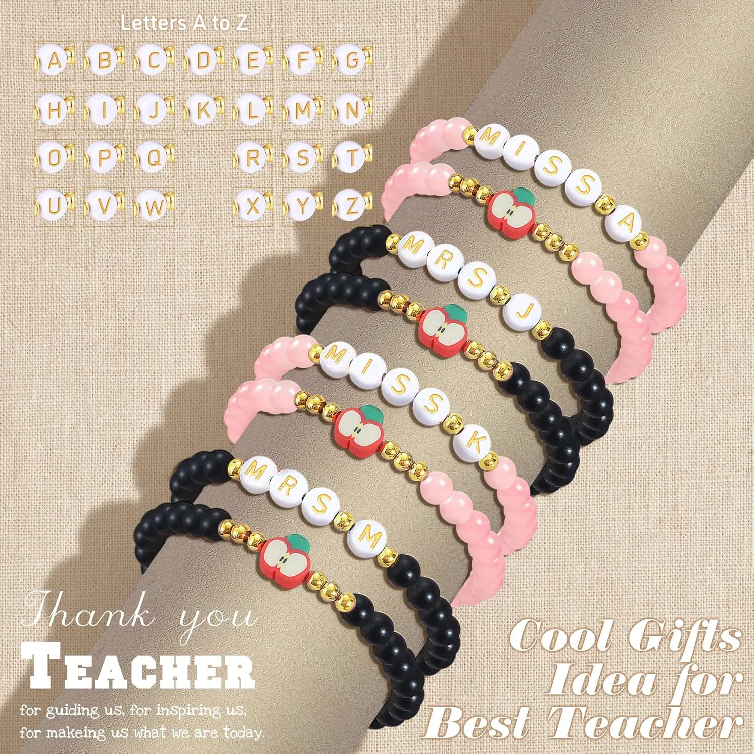 Teacher Appreciation Bracelet Gifts for Women Initial Beaded Bracelets Back to School Thank You Teacher Gifts 2pcs Link Bracelet New Teacher Graduation Gift Birthday Retirement Teachers' Day Jewelry