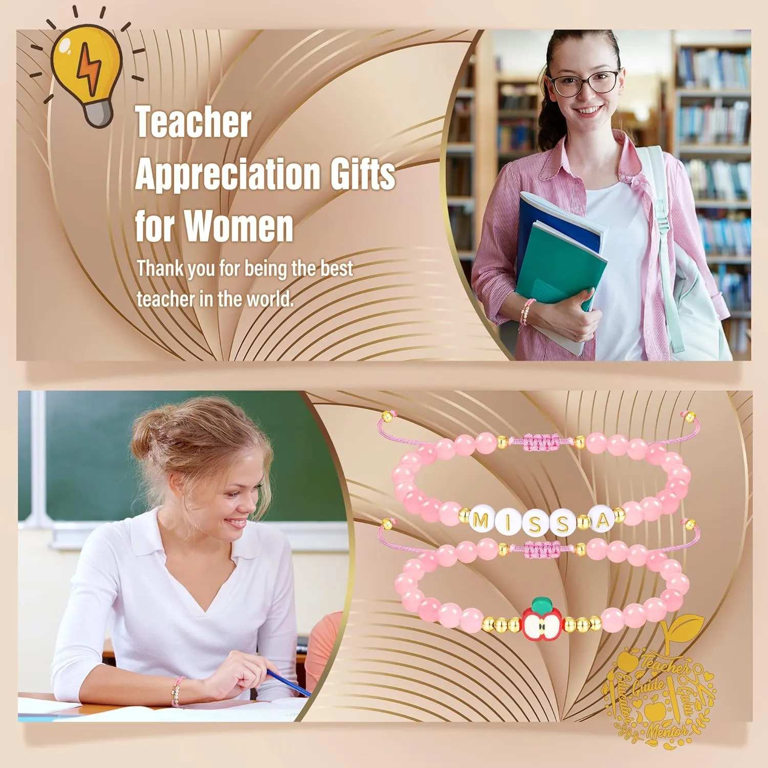 Teacher Appreciation Bracelet Gifts for Women Initial Beaded Bracelets Back to School Thank You Teacher Gifts 2pcs Link Bracelet New Teacher Graduation Gift Birthday Retirement Teachers' Day Jewelry