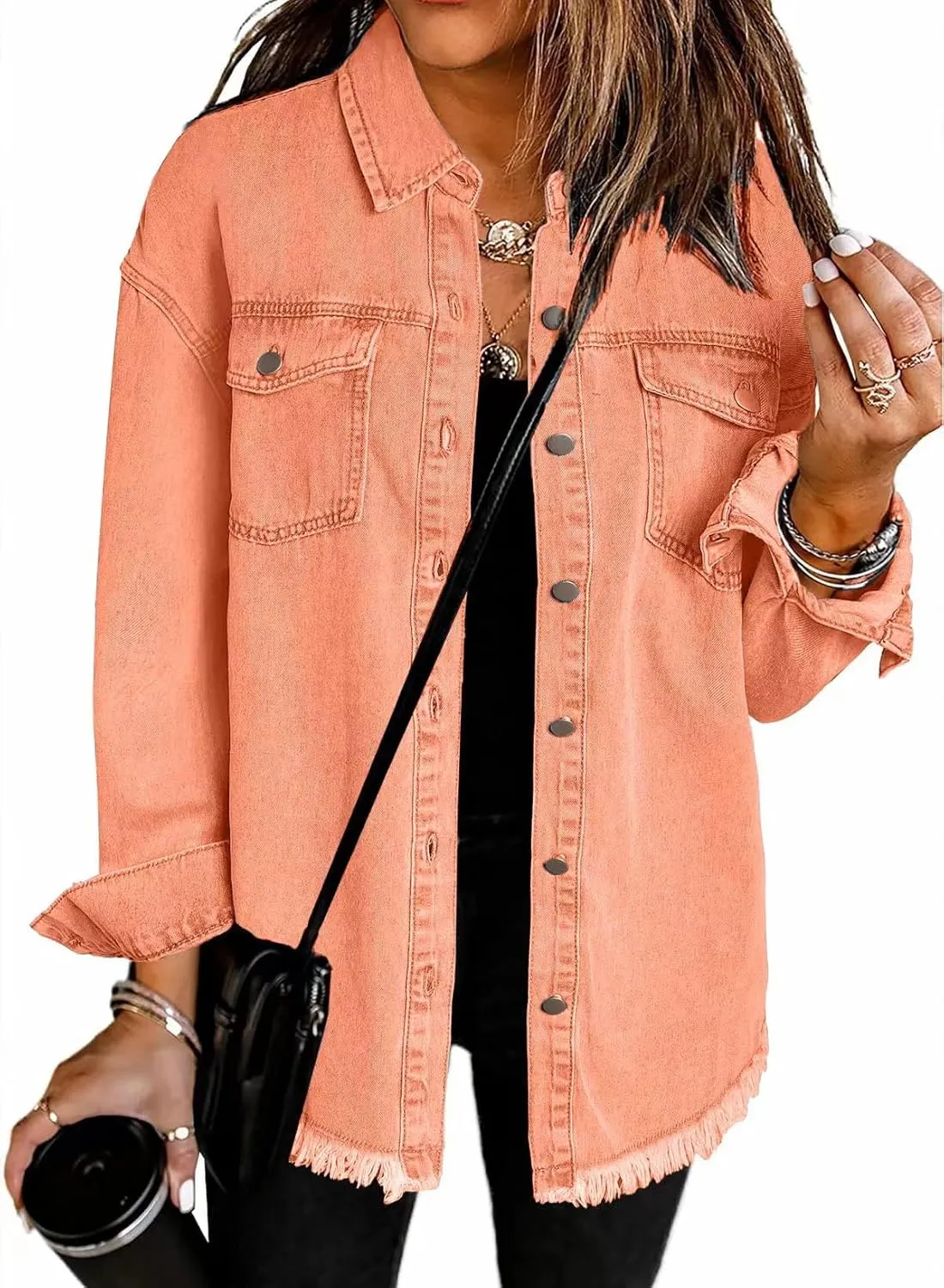 The Beauty North Denim Jacket, Womens Oversized Button Up Frayed Hem Shacket Long Sleeve Pockets Denim Jean Jacket
