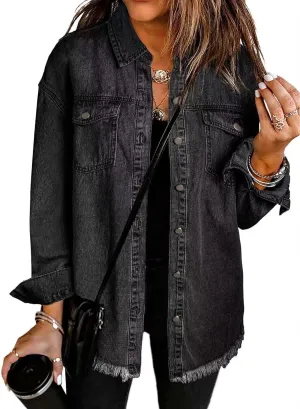 The Beauty North Denim Jacket, Womens Oversized Button Up Frayed Hem Shacket Long Sleeve Pockets Denim Jean Jacket