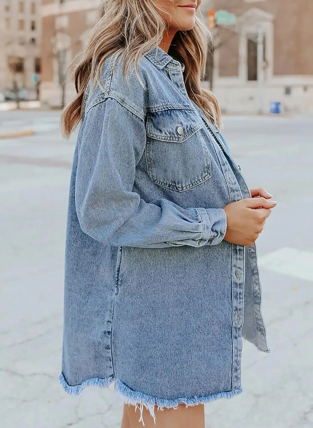The Beauty North Denim Jacket, Womens Oversized Button Up Frayed Hem Shacket Long Sleeve Pockets Denim Jean Jacket