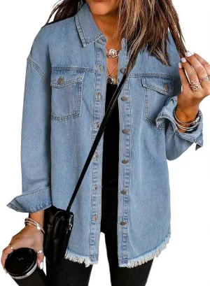 The Beauty North Denim Jacket, Womens Oversized Button Up Frayed Hem Shacket Long Sleeve Pockets Denim Jean Jacket