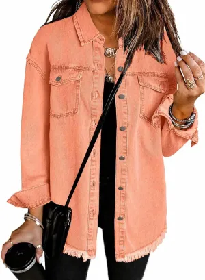 The Beauty North Denim Jacket, Womens Oversized Button Up Frayed Hem Shacket Long Sleeve Pockets Denim Jean Jacket