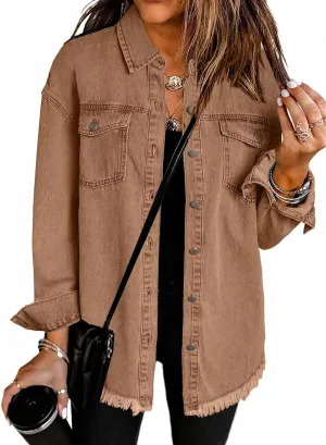 The Beauty North Denim Jacket, Womens Oversized Button Up Frayed Hem Shacket Long Sleeve Pockets Denim Jean Jacket