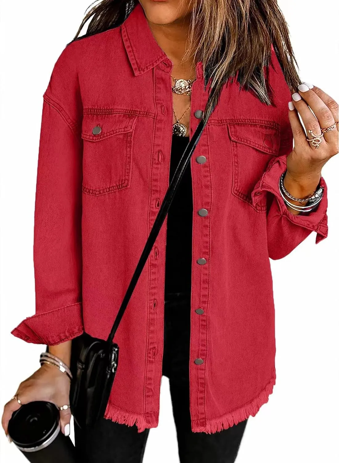 The Beauty North Denim Jacket, Womens Oversized Button Up Frayed Hem Shacket Long Sleeve Pockets Denim Jean Jacket