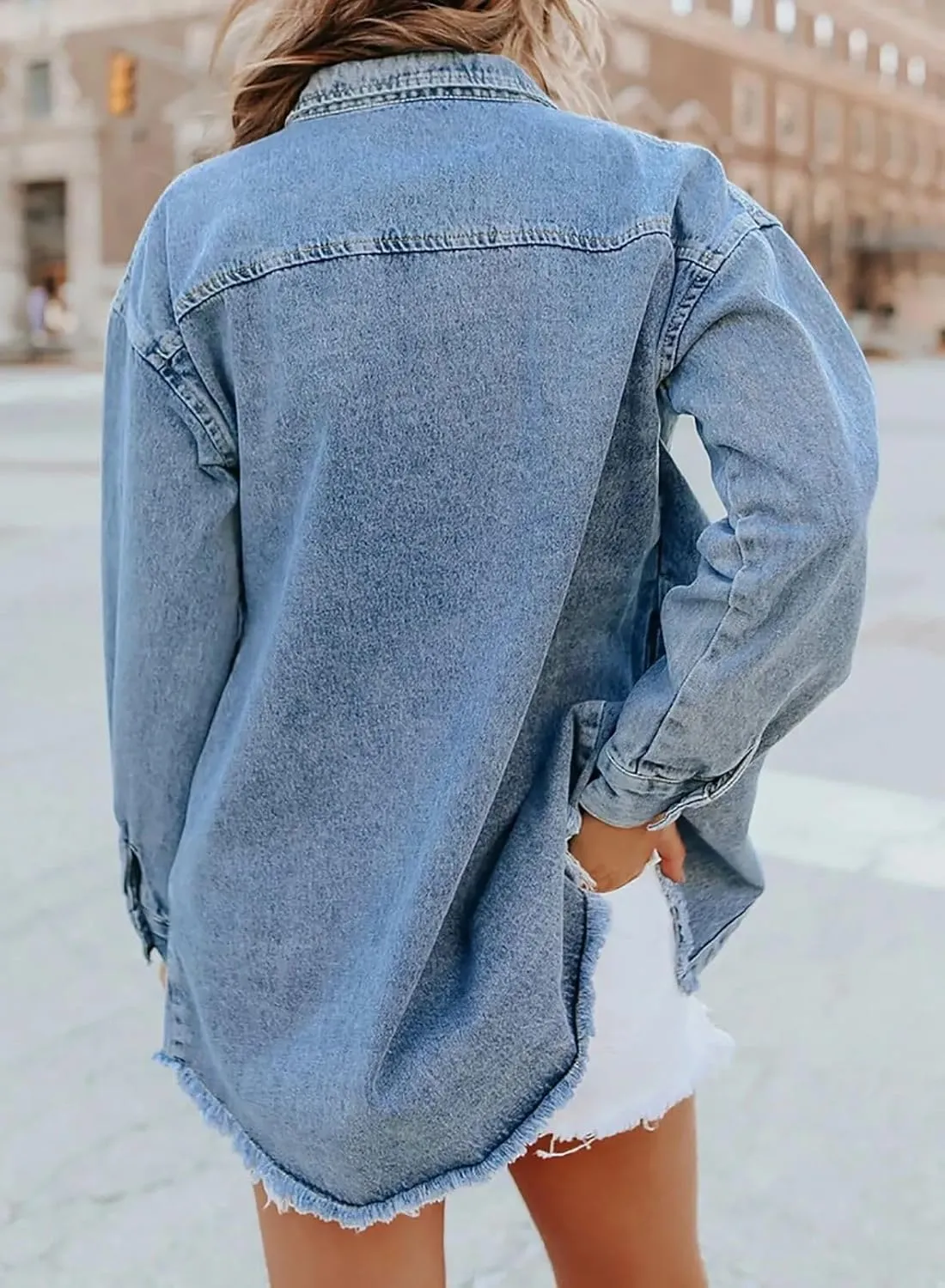 The Beauty North Denim Jacket, Womens Oversized Button Up Frayed Hem Shacket Long Sleeve Pockets Denim Jean Jacket