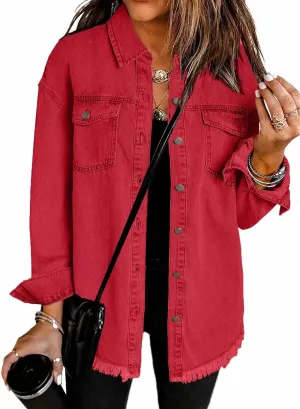 The Beauty North Denim Jacket, Womens Oversized Button Up Frayed Hem Shacket Long Sleeve Pockets Denim Jean Jacket