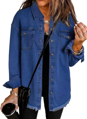The Beauty North Denim Jacket, Womens Oversized Button Up Frayed Hem Shacket Long Sleeve Pockets Denim Jean Jacket