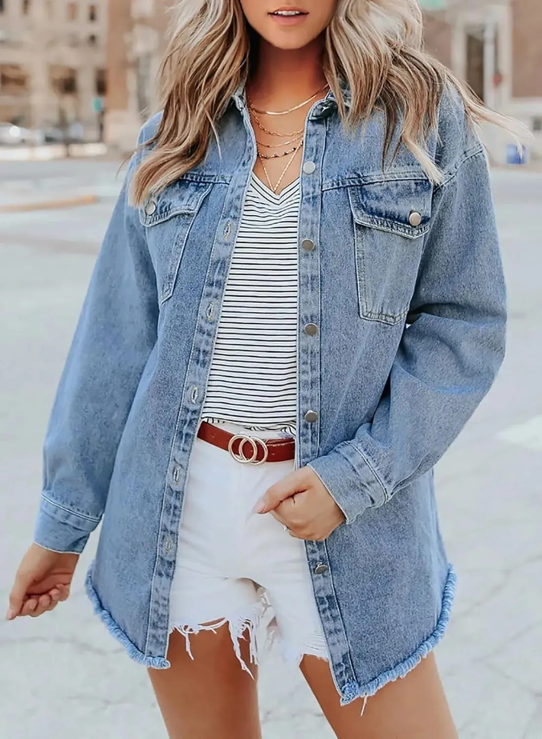 The Beauty North Denim Jacket, Womens Oversized Button Up Frayed Hem Shacket Long Sleeve Pockets Denim Jean Jacket