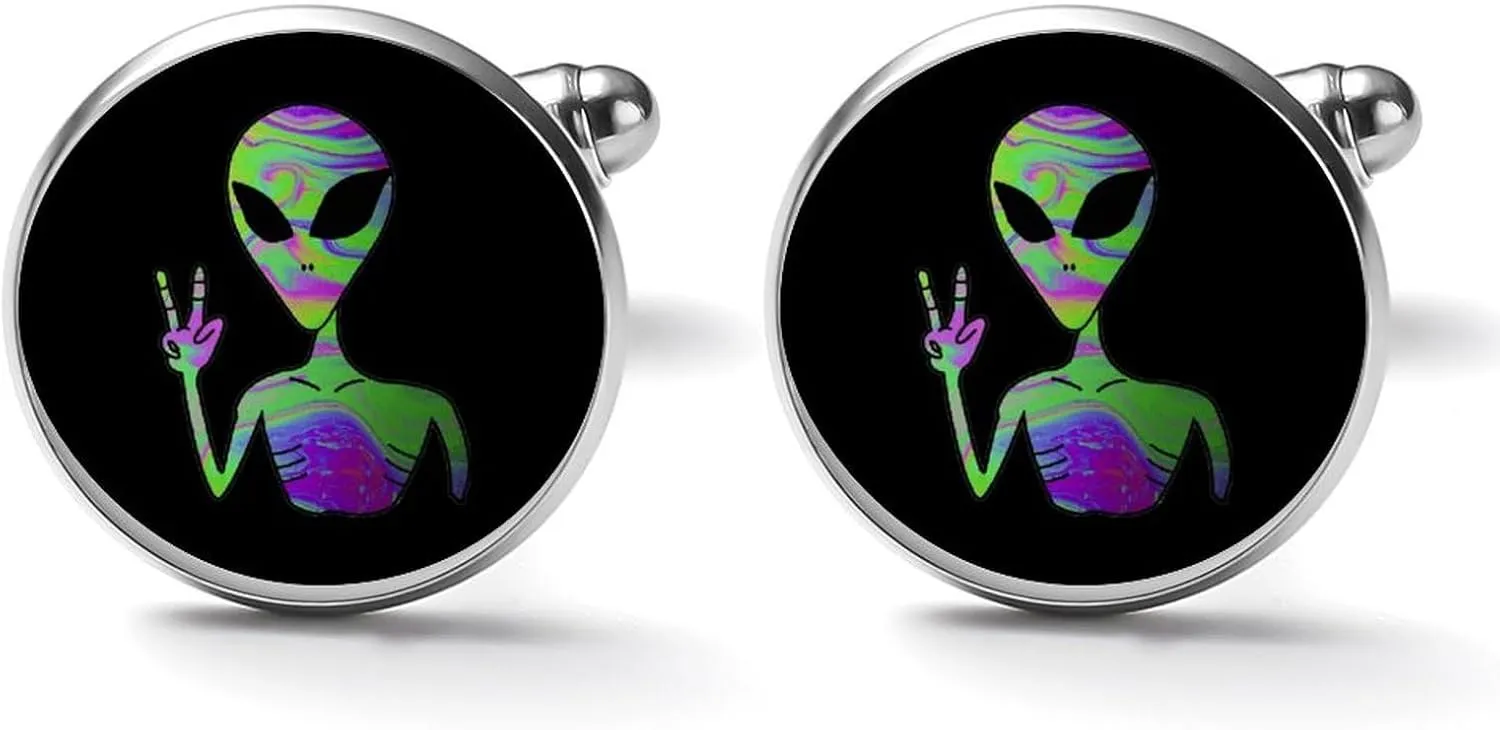 Tie Dye Alien Mens Cufflinks Classic Alloy Shirt Cuff Links Unique Jewelry Gift for Groom Father Husband Boyfriend