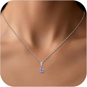 Tiny Silver Amethyst Necklace for Women, 5MM Purple Crystal Pendant Necklace, Dainty Round Gemstone Jewelry - Like Gift for Birthdays, Sensitive Skin & Lavender Lovers