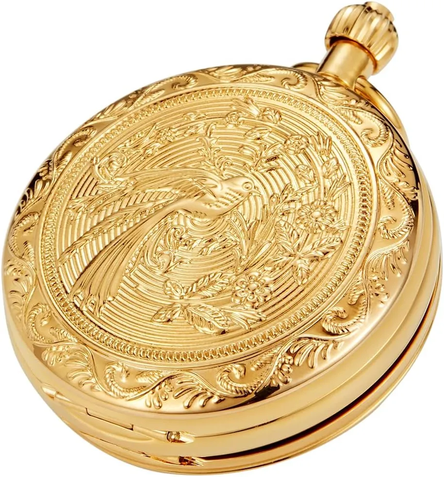 Tiong Men's Luxury Pocket Watch Engraved Phoenix Mechanical Hand Wind Double Hunter Pocket Watches with Chain & Box Gifts for Father's Days
