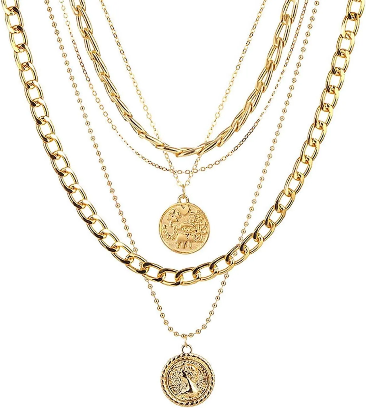 Todenb Layered Gold Pirate Necklace for Women Chunky Chain Pirate Jewelry 80s 90s Coin Pendant Necklace Pirate Costume Accessories