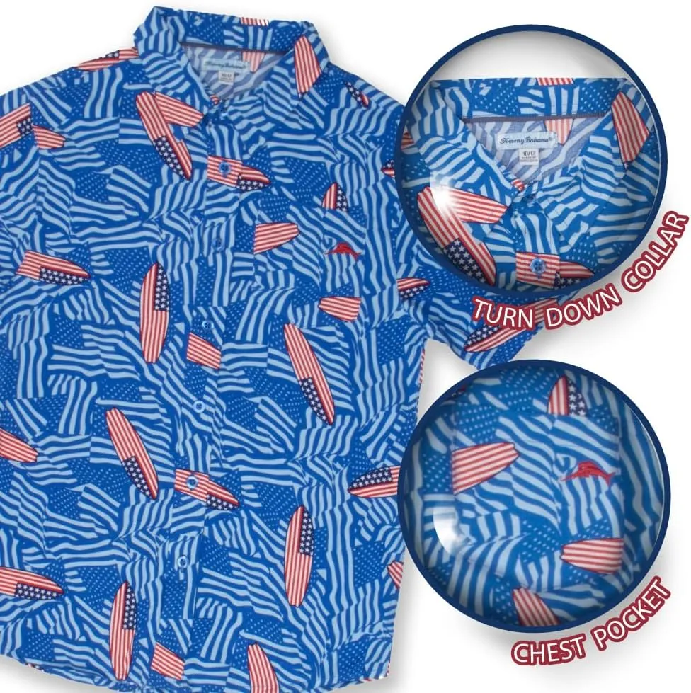Tommy Bahama Boys Classic Woven Button-Down Shirt - Summer Short-Sleeve Hawaiian Shirt with Pocket for Kids