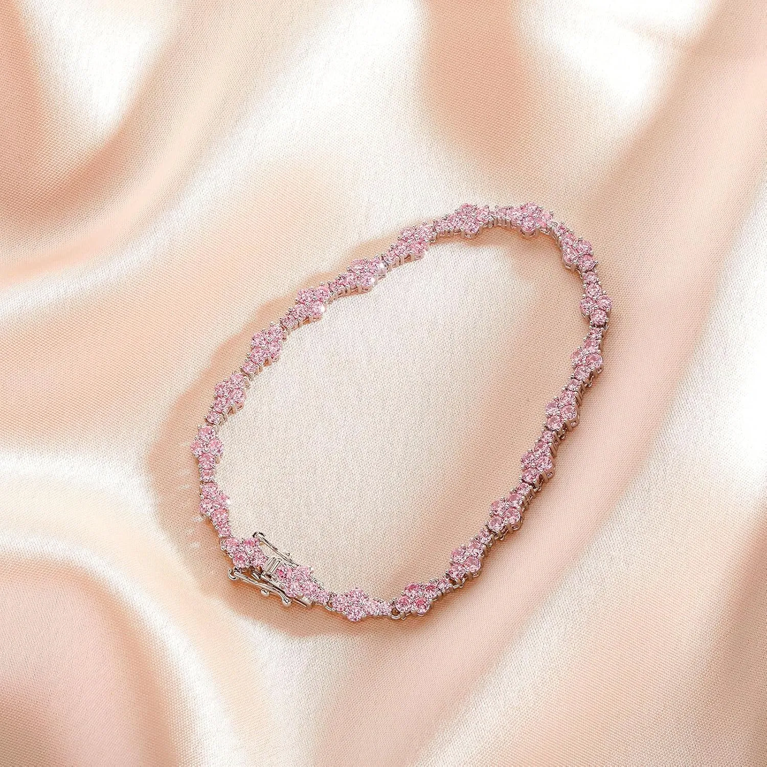 TOPGRILLZ Ankle Bracelet for Women - Iced Out 14K Gold Plated 5mm Silver Pink Anklet - Minimalist Foot Jewelry