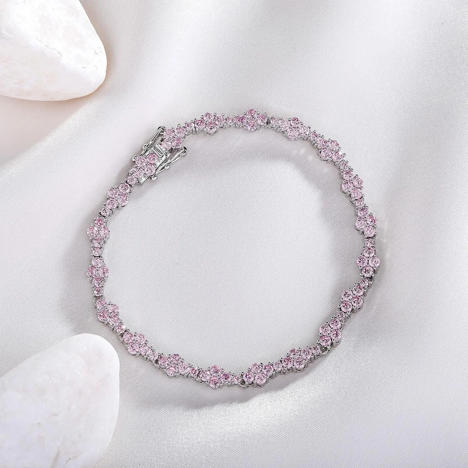TOPGRILLZ Ankle Bracelet for Women - Iced Out 14K Gold Plated 5mm Silver Pink Anklet - Minimalist Foot Jewelry