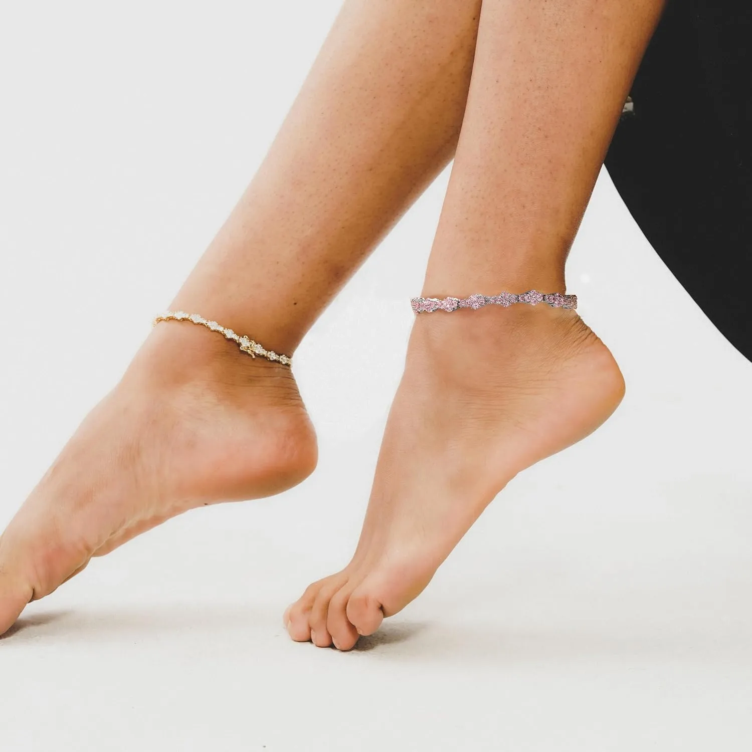 TOPGRILLZ Ankle Bracelet for Women - Iced Out 14K Gold Plated 5mm Silver Pink Anklet - Minimalist Foot Jewelry