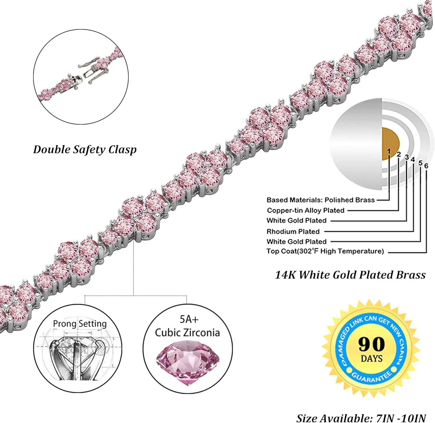 TOPGRILLZ Ankle Bracelet for Women - Iced Out 14K Gold Plated 5mm Silver Pink Anklet - Minimalist Foot Jewelry