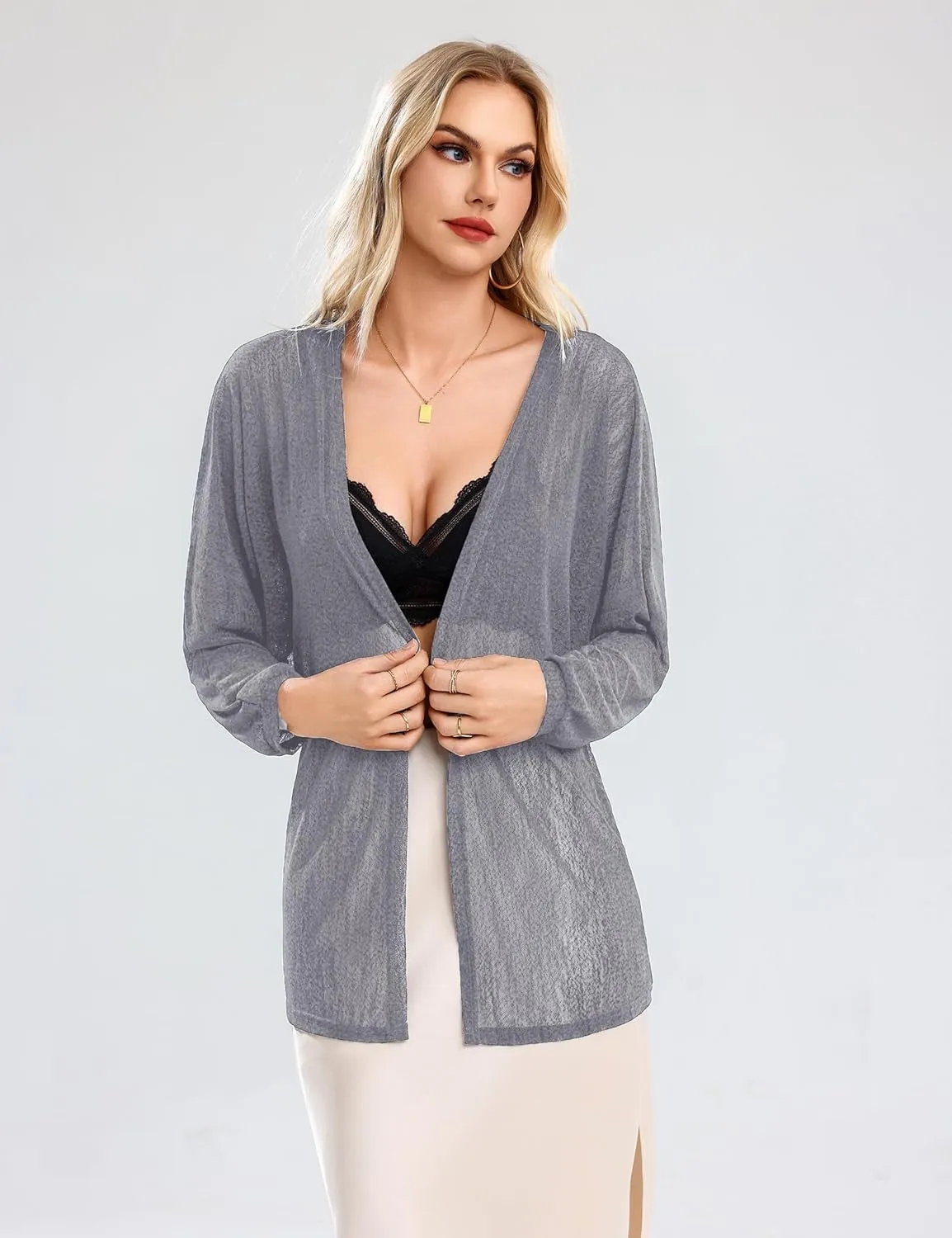 Totatuit Women Long Sleeve Lightweight Sheer Cardigans Kimonos Casual Loose Open Front Beach Cover Ups