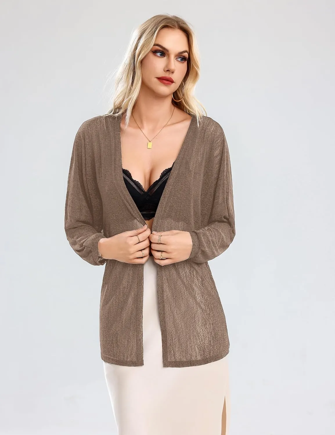 Totatuit Women Long Sleeve Lightweight Sheer Cardigans Kimonos Casual Loose Open Front Beach Cover Ups