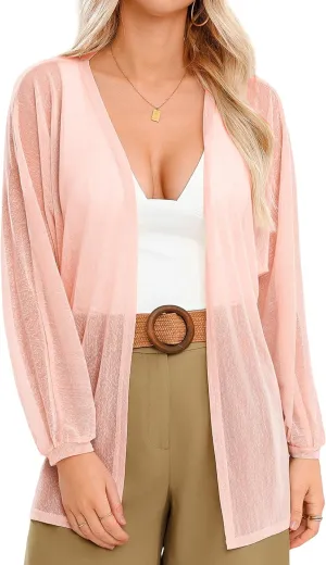 Totatuit Women Long Sleeve Lightweight Sheer Cardigans Kimonos Casual Loose Open Front Beach Cover Ups