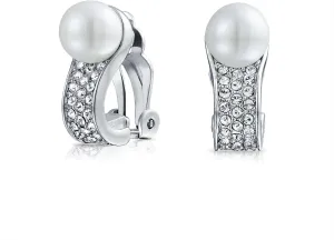 Twist Braided Rope Cable Bezel Set White Simulated Round Pearl Button Clip On Earrings For Women Yellow Rose Gold or Silver Plated