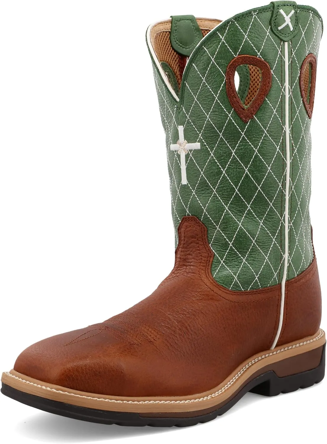 Twisted X Men's 12" Western Work Boot, Square Toe Steel Toe, Cognac Glazed Pebble & Lime, 7.5 D