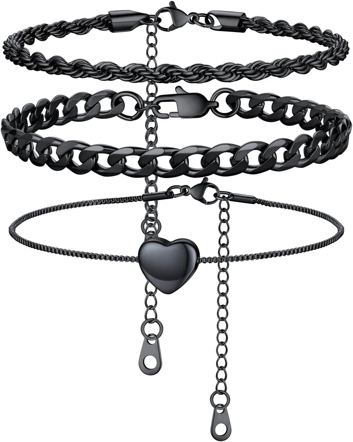 U7 2Pcs/3Pcs Ankle Bracelets for Women, Stainless Steel Cuban Link/Figaro/Rope/Heart Chain Anklets Sets,Waterproof Layered Anklets Adjustable 8.5"-10.5"