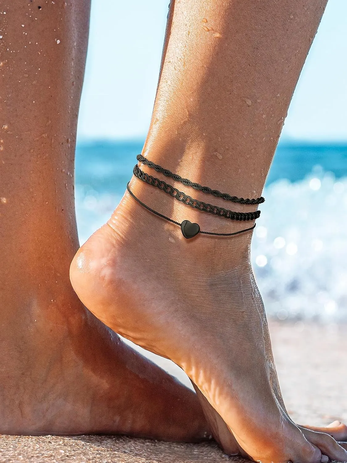 U7 2Pcs/3Pcs Ankle Bracelets for Women, Stainless Steel Cuban Link/Figaro/Rope/Heart Chain Anklets Sets,Waterproof Layered Anklets Adjustable 8.5"-10.5"