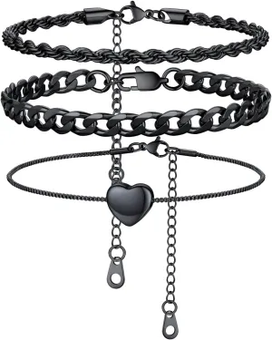 U7 2Pcs/3Pcs Ankle Bracelets for Women, Stainless Steel Cuban Link/Figaro/Rope/Heart Chain Anklets Sets,Waterproof Layered Anklets Adjustable 8.5"-10.5"