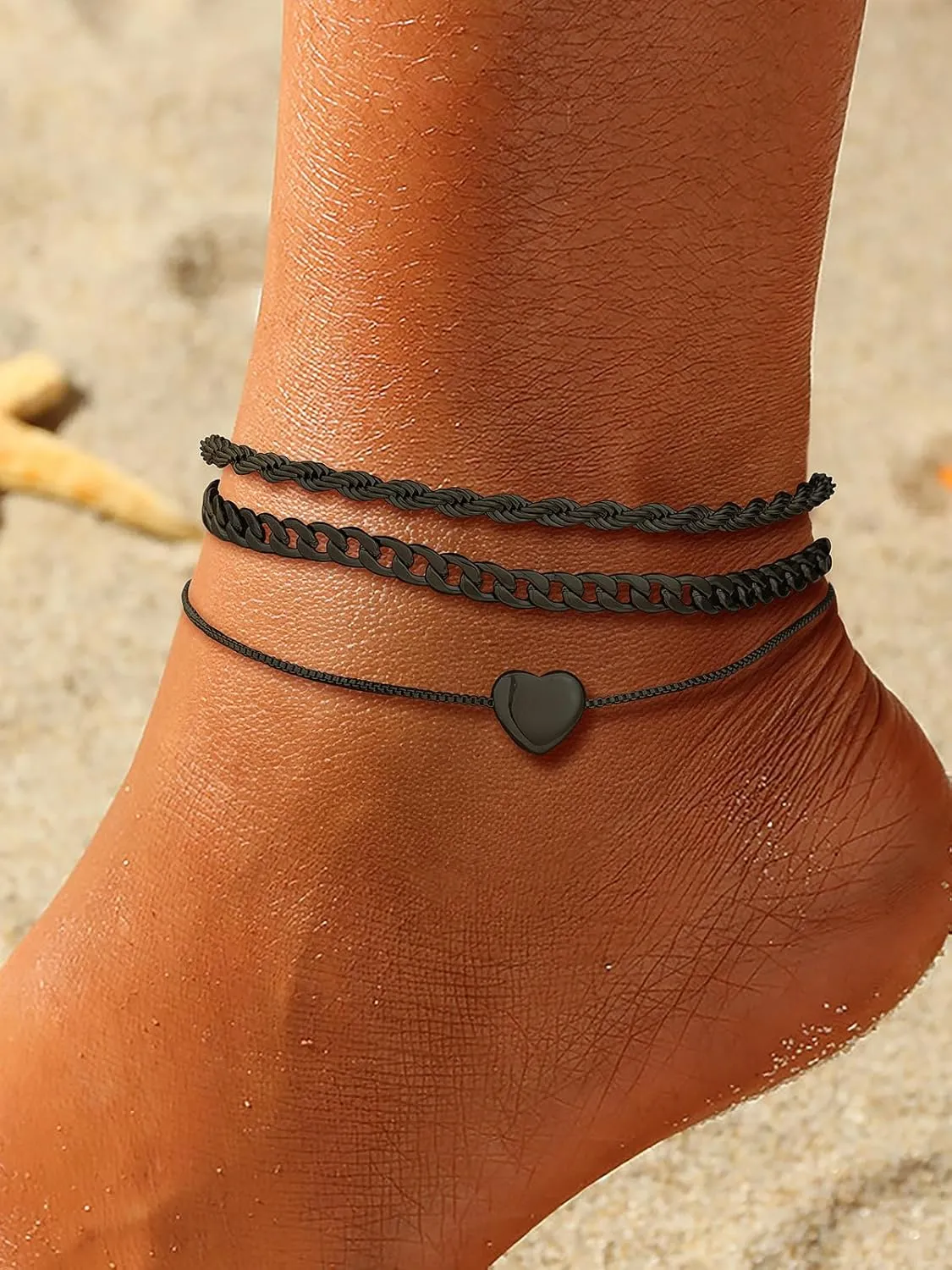 U7 2Pcs/3Pcs Ankle Bracelets for Women, Stainless Steel Cuban Link/Figaro/Rope/Heart Chain Anklets Sets,Waterproof Layered Anklets Adjustable 8.5"-10.5"