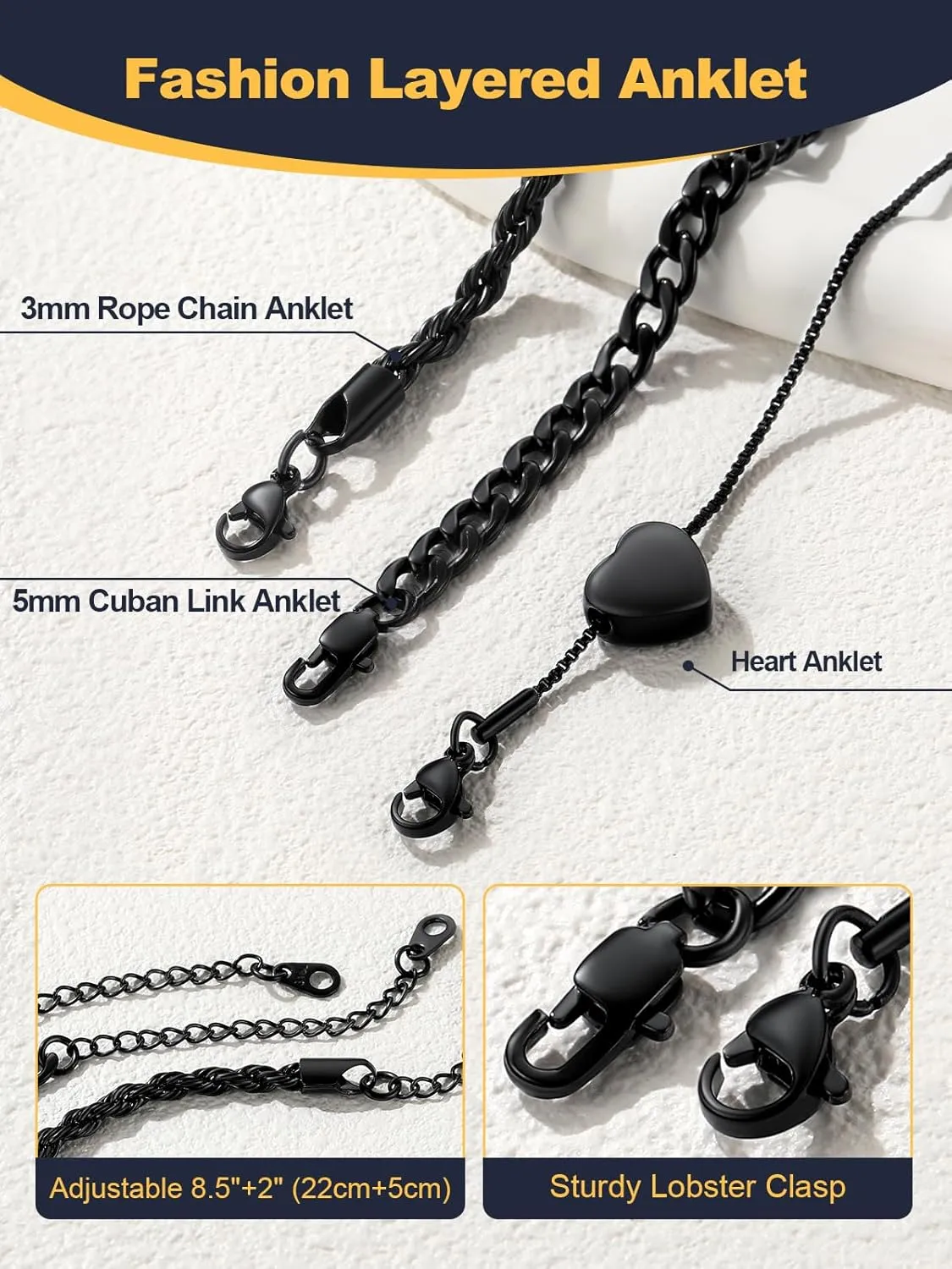 U7 2Pcs/3Pcs Ankle Bracelets for Women, Stainless Steel Cuban Link/Figaro/Rope/Heart Chain Anklets Sets,Waterproof Layered Anklets Adjustable 8.5"-10.5"