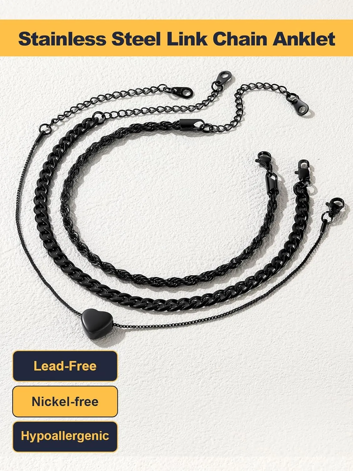 U7 2Pcs/3Pcs Ankle Bracelets for Women, Stainless Steel Cuban Link/Figaro/Rope/Heart Chain Anklets Sets,Waterproof Layered Anklets Adjustable 8.5"-10.5"