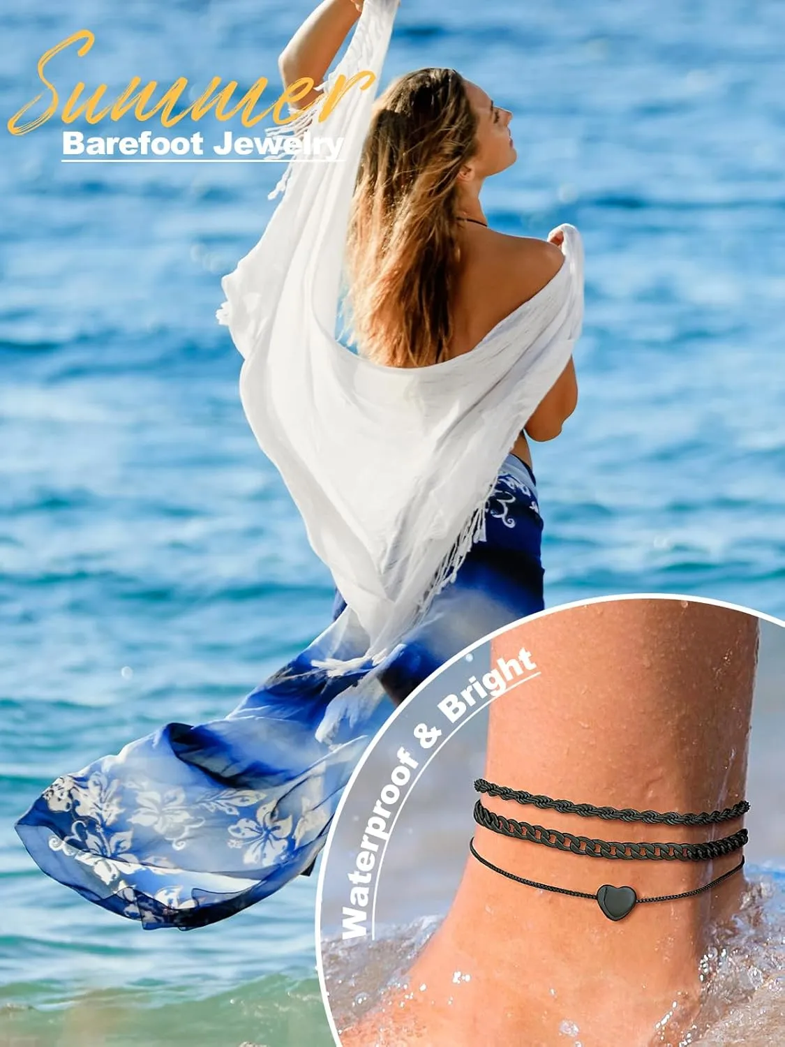 U7 2Pcs/3Pcs Ankle Bracelets for Women, Stainless Steel Cuban Link/Figaro/Rope/Heart Chain Anklets Sets,Waterproof Layered Anklets Adjustable 8.5"-10.5"